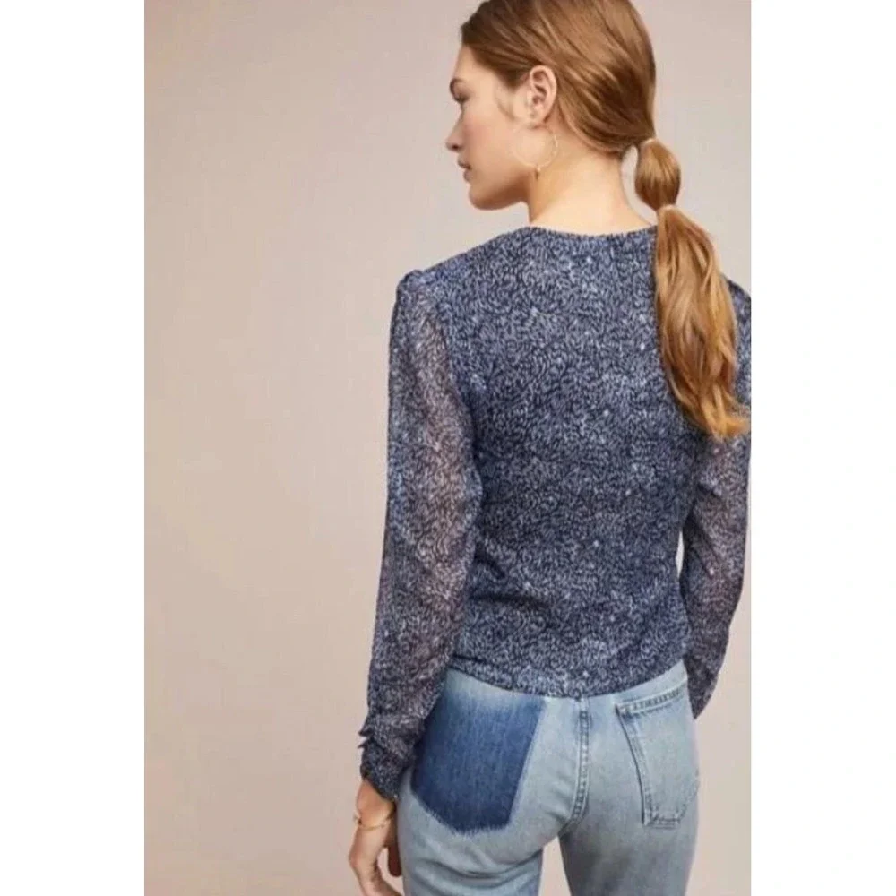 Anthropologie Ranna Gill Mylene Ruched Blouse L Navy Sheer Feminine Square Neck‎